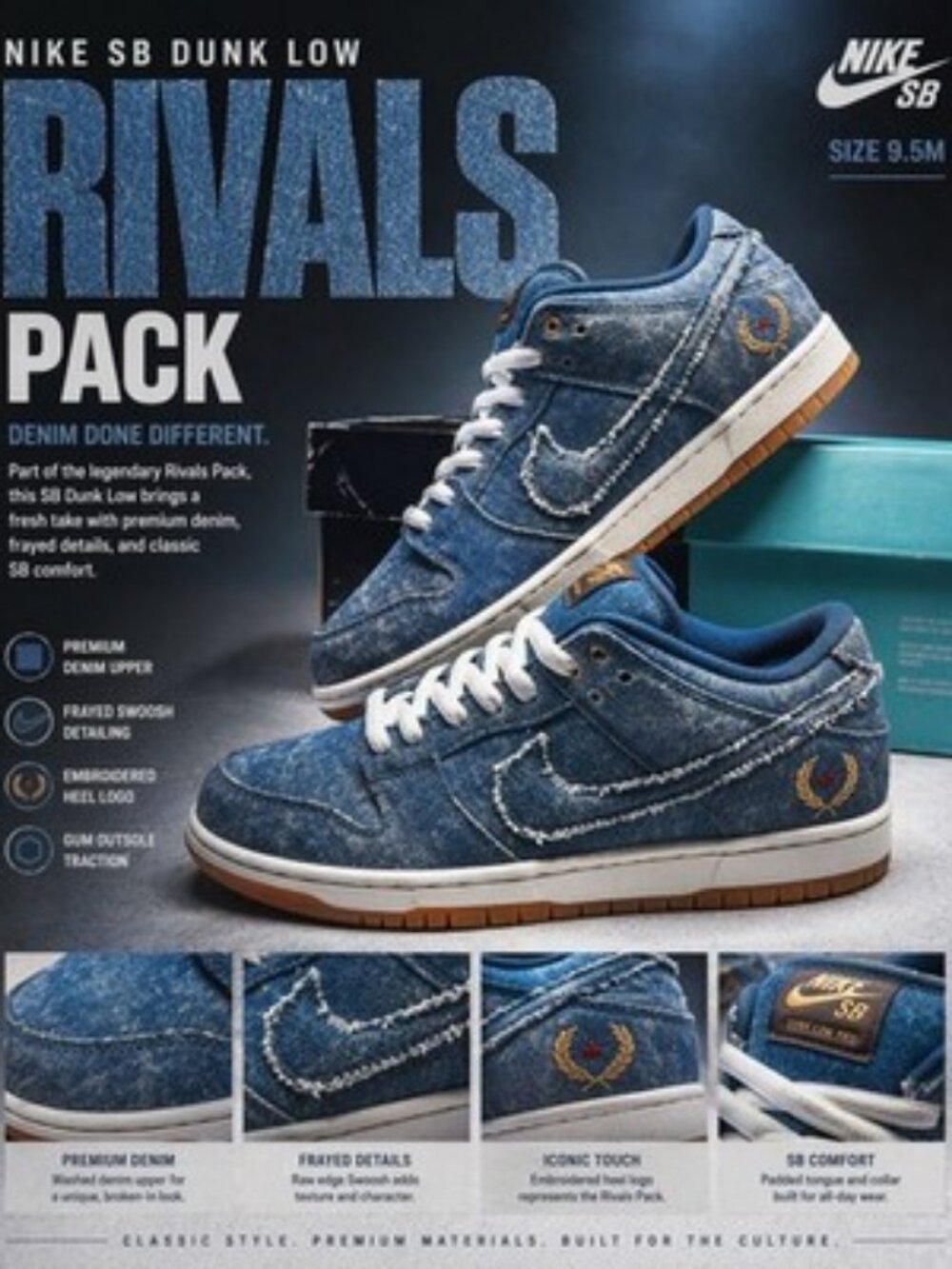 Nike SB Dunk Low Rivals Pack Denim Size 9.5M Gum Sole New With Box